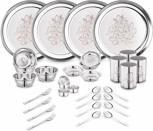 Classic Essentials Stainless Steel Dinner Set|Serves 4 People|Heavy Gauge|Kitchen Set|Permanent Laser-Glory, Set of 32