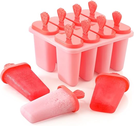Clazkit Set of 8 Plastic Reusable Strawberry Ice Pop Makers, Homemade Popsicle/Frozen Ice Cream/Kulfi Candy for Children & Adults - Multicolor,15.8X11X8 Cm