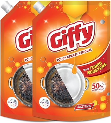 Giffy Liquid Dishwash Gel 900ml (Pack of 2) | Enzymes | 50% More Effective | Tough Grease Removal Expert | Turbo Boosters | Mild fragrance | Removes Tough Malodour | Hand-Safe
