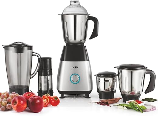 Glen Mixer Grinder 750W With 1 Transparent Jar 3 Stainless Steel Jars - Black & Silver (4023 PLATINUM)