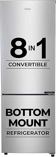 Haier 237L 3 Star Frost Free Bottom Mount Double Door Refrigerator|8 In 1 Convertible Modes|Jhukna Mat-Bottom Freezer|Twin Inverter|200% Faster Ice Making in 49 Minutes (HEB-243GS-P, Moon Silver)