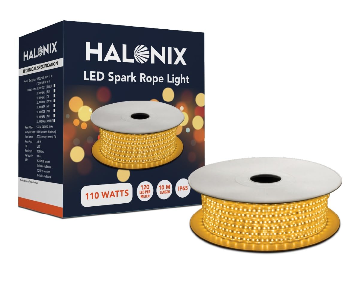 Halonix 10 Meter (33 Feet) Yellow Rope Light | Plug-n-Play | Waterproof | 1200 Bright LEDs | Diwali Lights for Decoration for Home | Festive Light | Strip Light | String Light | Pack of 1 (Yellow)