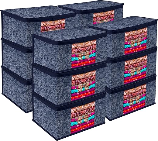 Kuber Industries Saree Storage Bag | Clothes Storage Bag | Wardrobe Storage Bag | Cloth Storage Organizer | Visible Window Saree Bag | Flower Printed | 9 Inch | Pack of 12 | Navy Blue