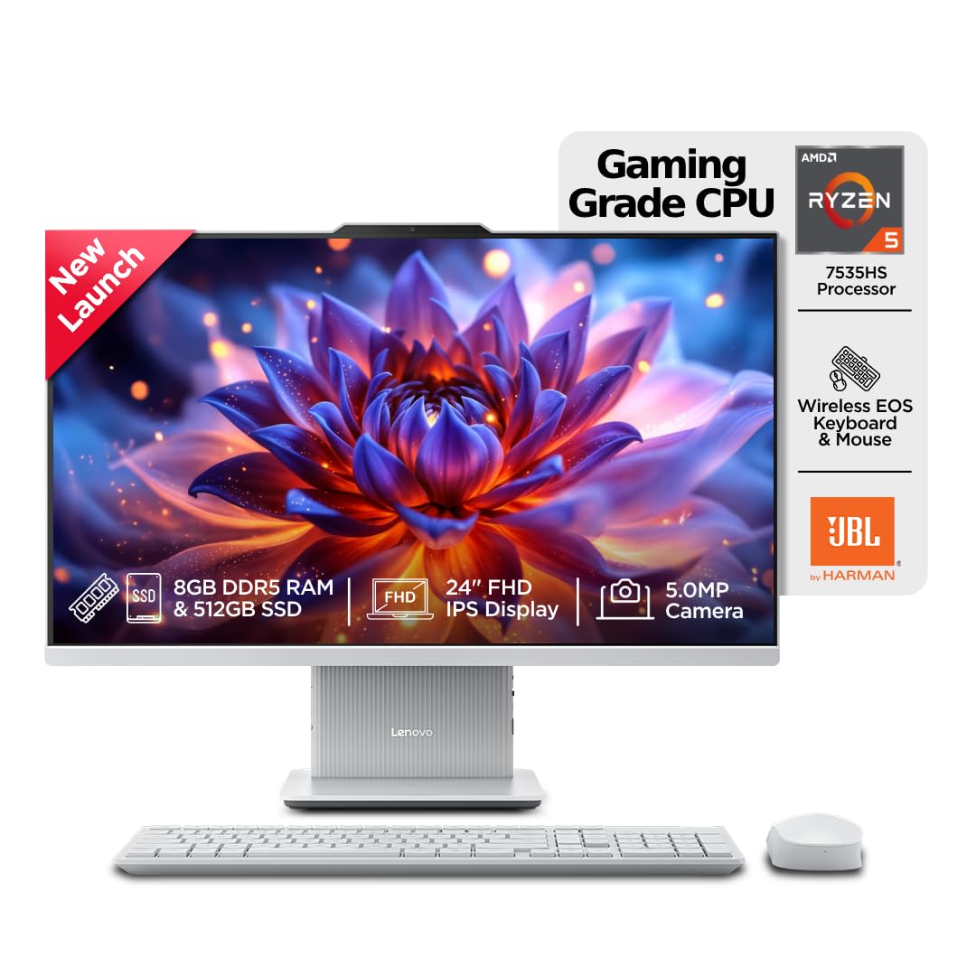 Lenovo Ideacentre AIO AMD Ryzen 5 7535HS 23.8" FHD IPS All-in-One Desktop(8GB RAM/512GB SSD/Win11/Microsoft 365 Basic + Office Home 2024/3Wx2 Speakers/5MP Camera/Wireless Keyboard & Mouse),F0HR009BIN