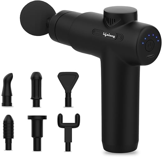 Lifelong LLGM109 Percussion Massage Gun for Pain Relief, Deep Tissue, 6 Speeds & 7 Massage Heads, Cordless, Quiet Operation for Neck, Shoulders, Back, Arms, Legs & Feet (Black)
