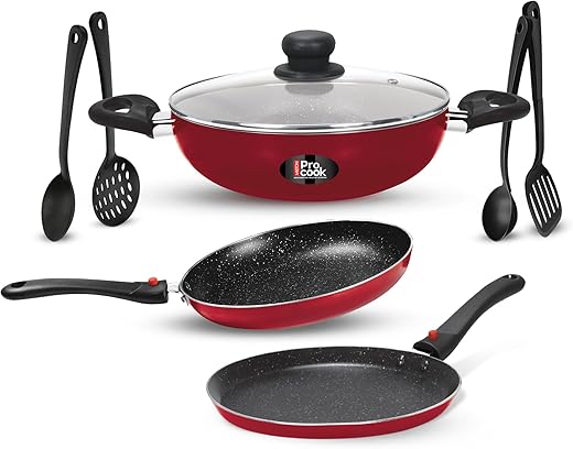 Milton Pro Cook Kitchen Pride Plus Granito I Set of 7 Non Stick Cookware | Non Induction I Cooking Pan, Kadhai with Lid, Tawa, Nylon Laddle & Spatula I Maroon Metallic