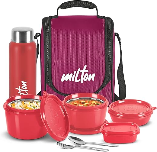 MILTON Pro Lunch Box with Steel Cutlery, 3 Microwave Safe Inner Steel Containers (180 ml, 320 ml, 450 ml), Plastic Chutney Dabba,100 ml, Bottle, 750 ml with Insulated Bag, Office Tiffin, Maroon