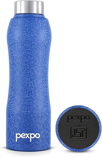 Pexpo Bistro ISI Certified Stainless Steel Fridge/Sports Water Bottle 1 Litre, Blue | Single Walled | Easy Grip | Leakproof Water Bottle for Home, Office, Gym, School, Yoga, Hike, Men,Women&Kids