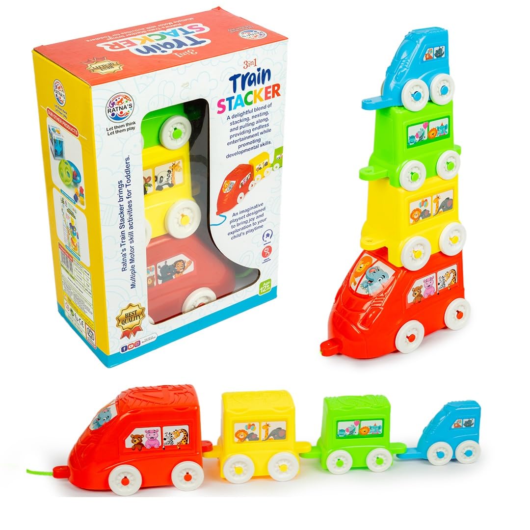 Ratna's 3-in-1 Train Stacker, Nesting, Stacking & Pull Along Toy for Kids 1+ Years