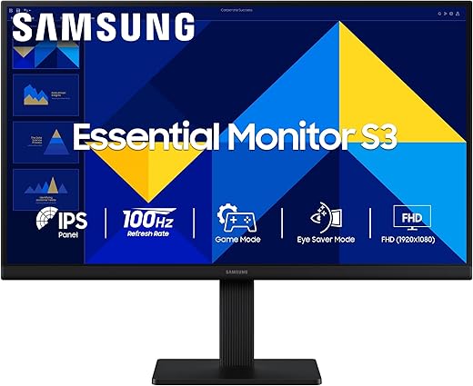 Samsung 22" (54.6 cm) S3 Flat Monitor|Super Slim Borderless Design|IPS Panel|FHD 1920 x 1080|100 Hz|5 ms|Ports-HDMI,VGA|Game Mode|Eye Saver Mode||Wall Mountable|LS22D300GAWXXL|Black