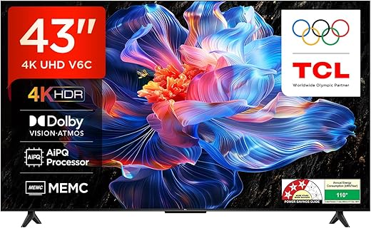 TCL 108 cm (43 inches) Metallic Bezel Less Series 4K Ultra HD Smart LED Google TV 43V6C (Black)