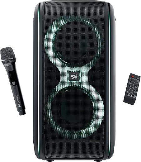 Zebronics Portable Bluetooth Speaker, 60W, Upto 7 Hours Playback, Dual 16.51cm Drivers, Karaoke, TWS, BT v5.4, USB, mSD, AUX, RGB, Wireless Mic with Display, Mobile Holder (Party Fyre 90)