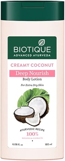 Biotique Creamy Coconut Deep Nourish Body lotion For Extra Dry Skin | Heals, Repairs, and Soothes the Skin | Moisturizing and Skin-Humidifying | 100% Botanical Extracts| All Skin Types | 180ml