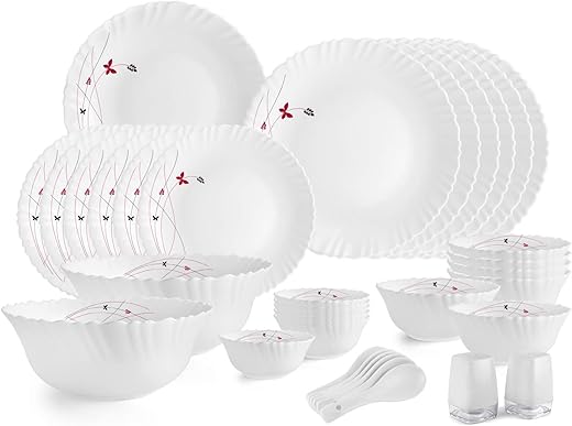 Cello Opalware Dazzle Series Lush Fiesta Dinner Set, 35 Units | Opal Glass Dinner Set for 6 | Light-Weight, Daily Use Crockery Set for Dining | White Plate and Bowl Set