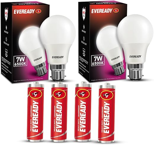 Eveready B22 Base 7-Watt LED Bulb with 4 1015 AA Carbon Zinc Batteries (Cool Day Light) - Pack of 2