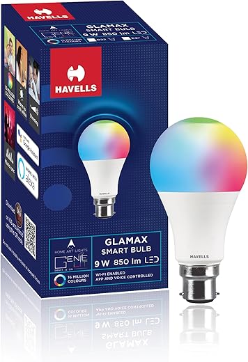 Havells Glamax 9W B22 WiFi LED Smart Bulb with Music Sync Function, Compatible with Amazon Alexa and Google Assistant (16M Colours)