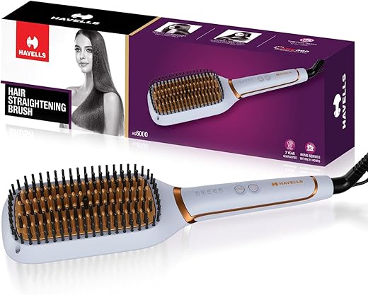 Havells Keratin Infused Hair Straightener Brush With Temperature Control For All Hair Types|Auto Shut off After 45 Minutes| 1.8mm Swivel Cord |2 Years Guarantee| HS6000