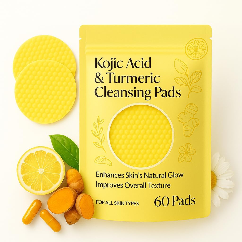 Kojic Acid and Turmeric Cleansing Pads for Face, Brightening and Exfoliating Skincare Wipes, Dark Spots and Pigmentation Treatment, 60 Pads