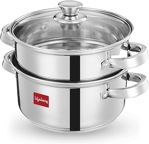 Lifelong 2-Tier Steamer/Momo/Modak Maker | Induction Compitable with Glass Lid & Riveted Handles | 18 cm Stainless Steel Multi-Purpose Cooking Steamer (LLMOM01)