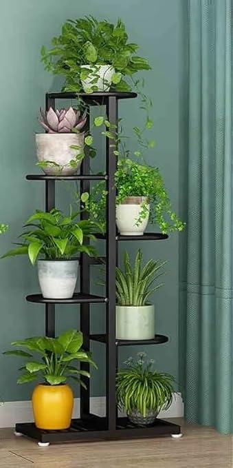 Metal Floor Mount Plant Stand 6 Tiered Shelf 7 Potted Flower Pot Holder | Organizer Display For Indoor Outdoor Garden Balcony (41X18 Inch) (Black)