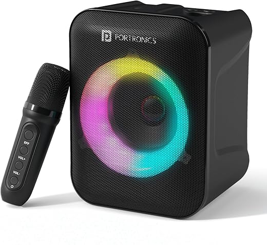 Portronics Apollo One 20W Wireless Bluetooth Portable Speaker with Wireless Karaoke Mic, 5 Hour Playtime, RGB LED Light, Bluetooth V5.3, Easy Grab Handle, USB/AUX in/TF Card, Type C Charging(Black)