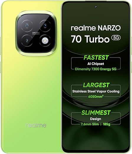 realme NARZO 70 Turbo 5G (Turbo Green,6GB RAM,128GB Storage) | Segment's Fastest Dimensity 7300 Energy 5G Chipset | Motorsports Inspired Design
