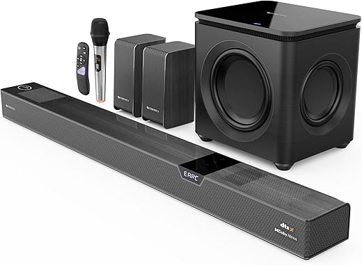 ZEBRONICS 1100 Watts Powerful Soundbar, 7.2.4 Home Theatre, Wireless (Dual Satellites + Dual Driver Subwoofer) Dual Radiators, DTS X, Dolby Atmos, Karaoke UHF Mic, HDMI eARC, Optical (Juke BAR 10000)