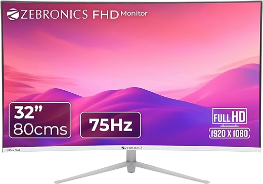 ZEBRONICS AC32FHD LED Curved 75Hz 80Cm (32") (81.28 Cm) 1920x1080 Pixels FHD Resolution Monitor with HDMI + VGA Dual Input, Built-in Speaker, Max 250 Nits Brightness, White