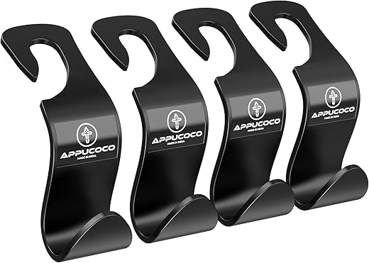 APPUCOCO Car Seat Headrest Storage Hooks/Hanger Universal Durable Organiser Space Saver for Handbag (Black, Pack of 4)