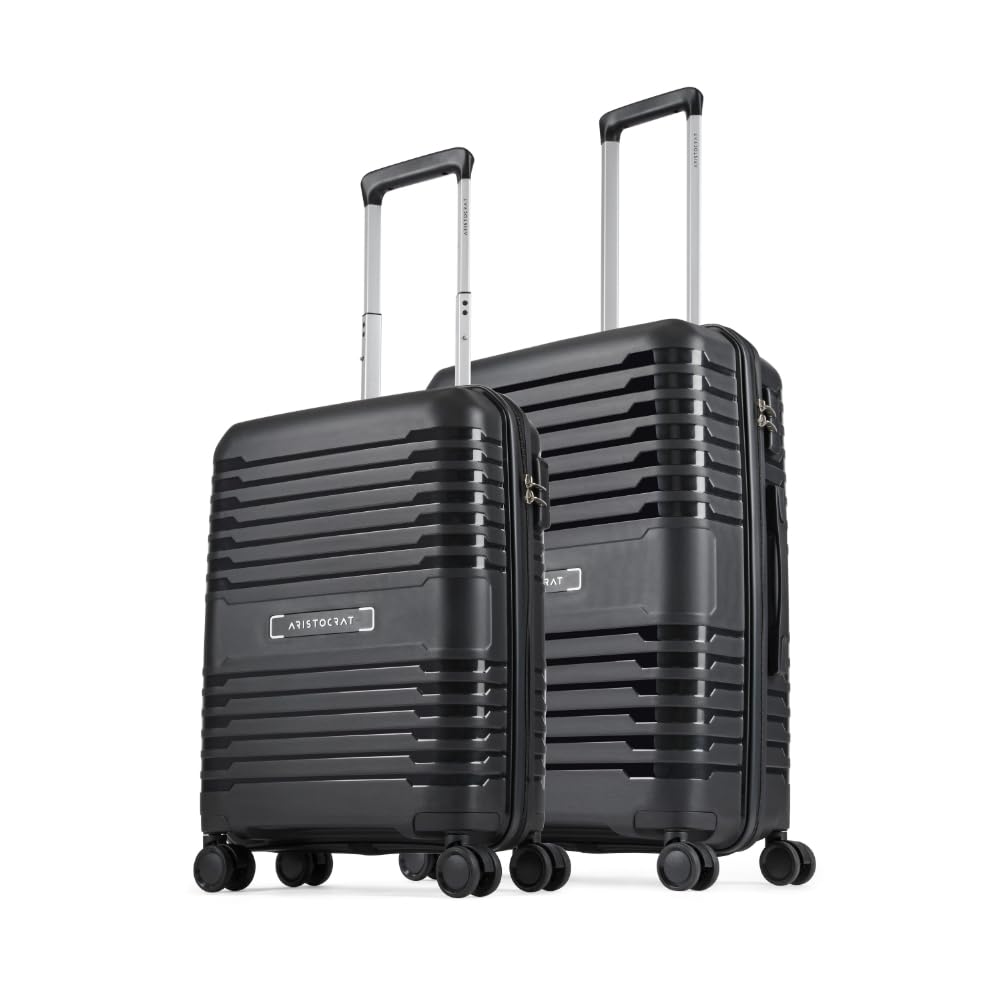 Aristocrat Harbour Set of 2 Trolley Bag 55, 66 cm | Small+Medium | Polypropylene Hard Luggage | Smooth 8-Wheel Suitcase | Combination Lock with Sturdy Zipper | 7-Year Warranty - Unisex (Black)
