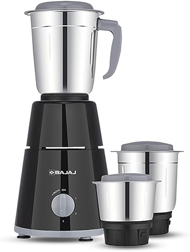Bajaj GX-1 Mixer Grinder 500W | Superior Mixie For Kitchen | 2-In-1 For Dry Grinding | Blade Function With Titan Motor | 3 Stainless Steel Mixer Jars | 1 Year Product Warranty By Bajaj 【Black】