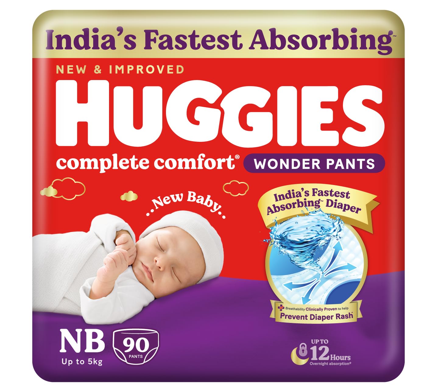 Huggies Complete Comfort Wonder Pants | Pant Style Baby Diapers Newborn Size, 90 Count | India's Fastest Absorbing Diaper, Prevents Diaper Rash, Ideal for 0-5 Kgs