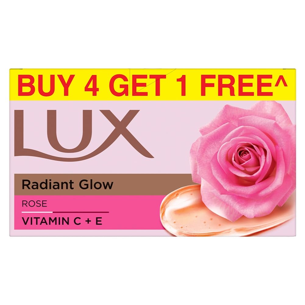 Lux Radiant Glow Bathing Soap infused with Vitamin C & E |For Superior Glow|Buy 4 Get 1 Free|150g