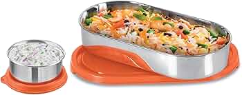 MILTON Steel Refresh Tiffin 650 Oval Container with Lid 675ml with Round Tiffin Box Steel 90ml, Lunch Box for Women, Lunch Box for Office Use, Tiffin Box for School, Orange
