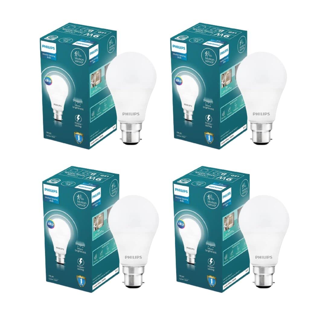 Philips Motion Sensor B22 LED Bulb | Motion Sensor Light for Home | Motion and Ambient Sensor LED Bulb | Crystal White, Pack of 4