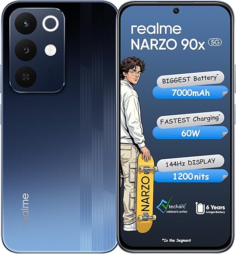 realme NARZO 90x 5G (Nitro Blue, 8GB+128GB) | 7000mAh + 60W Biggest Battery & Fastest Charging in The Segment* | 144Hz Bright Display | Sony 50MP AI Rear Camera | AI Assist | 400% Ultra Boom Speaker