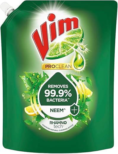 Vim ProClean Dishwash Liquid Gel with Neem powered by RhamnoTech™, Removes 99.9%* Bacteria, Removes Tough Grease and Odours, 1700ml