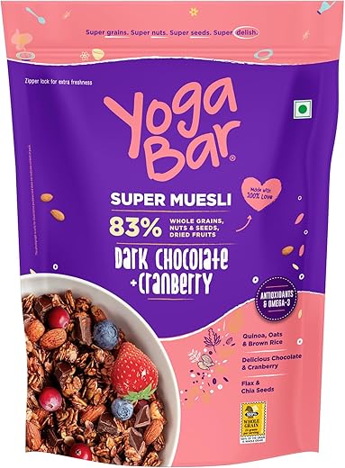 Yogabar Wholegrain Breakfast Muesli - Dark Chocolate + Cranberry,400g| Healthy Breakfast Cereals | Granola | Gluten Free | Antioxidant Rich | Healthy Food for Breakfast | Protein Rich