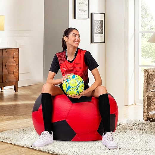 Amazon Brand - Solimo Premium Faux Leather Football Bean Bag, Filled With Beans | Capacity: Upto 6 Ft 3 In Height, 120 Kg Weight | Iconic Football Shape | 3Xl | Red And Black