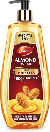 Dabur Almond Hair Oil - 650 ml | Provides Damage Protection | Non Sticky Formula | For Hair Fall control & Shiny Hair | Light Hair Oil with Almonds, Keratin Protein, Soya Protein & 10X Vitamin E (Pack of 1)