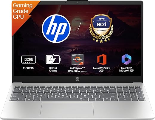 HP 15, AMD Ryzen 7 7735HS (16GB DDR5,512GB SSD) FHD, Anti-Glare, Micro-Edge, 15.6''/39.6cm, Win11, M365 Basic(1yr)* Office24, Silver, 1.59kg, fc1038AU, AMD Radeon FHD Camera w/Shutter, Backlit Laptop