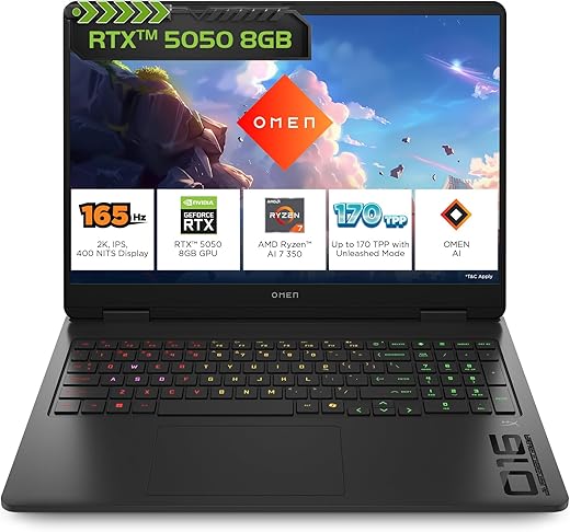 HP Omen, AMD Ryzen AI 7 350, 8GB RTX 5050, 24GB DDR5(Upgradeable) 1TB SSD, 165Hz, 2k WUXGA, 3ms, 400 nits, 16'(40.6cm) Win11, M365* Office24, Black, 2.44kg, ap0165AX, RGB, AI Gaming Laptop