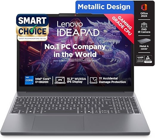Lenovo Smartchoice IdeaPad Slim 3 13th Gen Core i7-13620H 15.3" (38.8cm) WUXGA IPS Laptop (16GB RAM/512GB SSD/Win 11/Office 2024/Backlit/Top Metal Cover & IR Camera/Grey/1.6Kg),83K100CJIN/S1IN