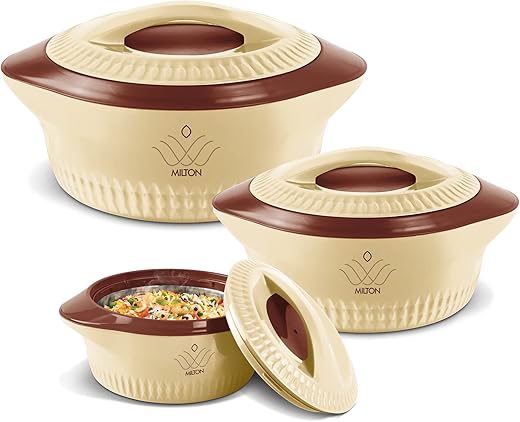 Milton Royal Jr. Insulated Inner Stainless Steel Casserole,Set of 3, (410 ml, 830 ml, 1.27 Litres),Brown | BPA Free |Food Grade | Easy to Carry | Easy to Store | Ideal For Chapatti | Roti | Curd Maker