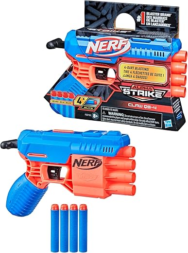 Nerf Alpha Strike Claw Qs-4 Blaster 4 Official Nerf Elite Foam Darts,Multicolor
