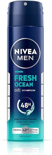 NIVEA Men Fresh Ocean Deodorant Spray, 150ml | 48 H Active Odour Protection | Fresh Long Lasting Deo for men | Fights Odour causing bacteria | Aqua and Sandalwood | 150ml
