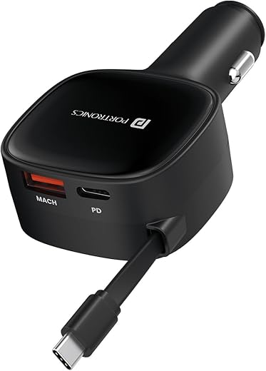 Portronics Car Power Retracto 84W 3 in 1 Car Charger, 80 cm Retractable Cable (33W Type-C PD), Dual Port (18W USB Type-A & 33W Type-C) for Laptop, Android, iPhone, Earbuds and More (Black)