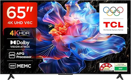 TCL 164 cm (65 inches) Metallic Bezel Less Series 4K Ultra HD Smart LED Google TV 65V6C (Black)