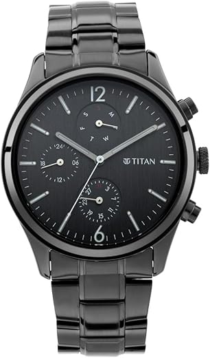 Titan Workwear Quartz Multifunction Black Dial Black Metal Strap Watch For Men - NT1805NM02