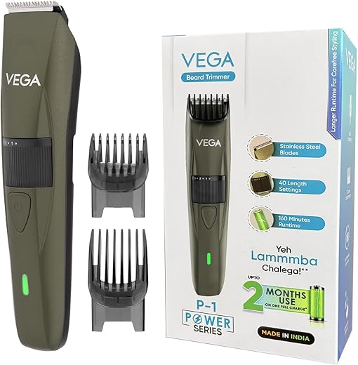 Vega P1 Battery Powered Beard Trimmer for Men, USB C Type, 160 Mins Runtime & 40 Length Settings, 2 Beard Comb, Cord-Cordless Use, Hair Trimmer, Shaving Machine, 1 Yrs Warranty (Power Series, VHTH-25)